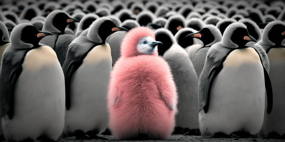 Ein rosa Pinguin steht in der Mitte einer schwarz-weißen Pinguingruppe. Es scheint, als würde er gemieden werden. Alle schauen an ihm vorbei.
